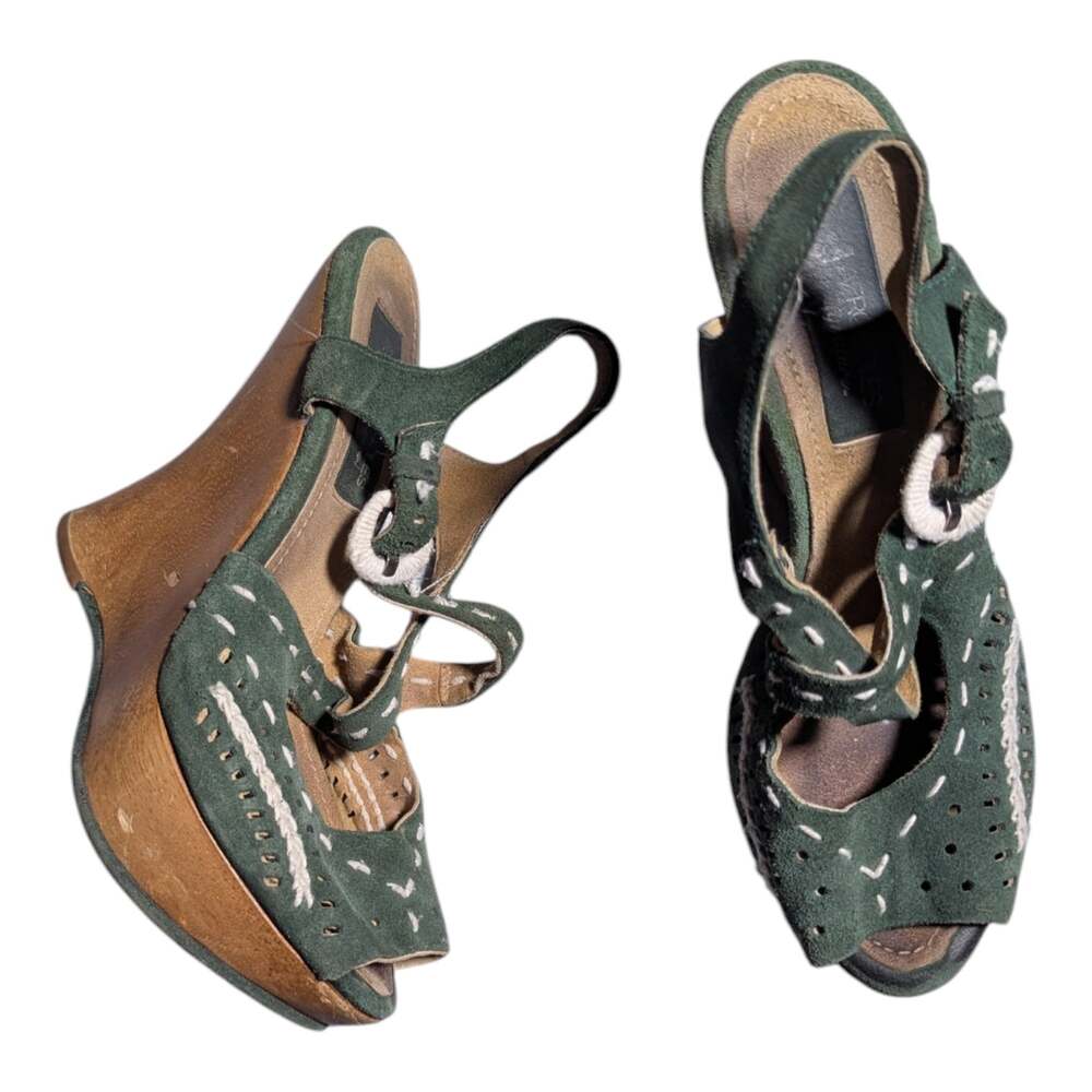 Aerosoles Signature Teal Suede Stitch Detail Wooden Wedge Heel Sandals Sz 9